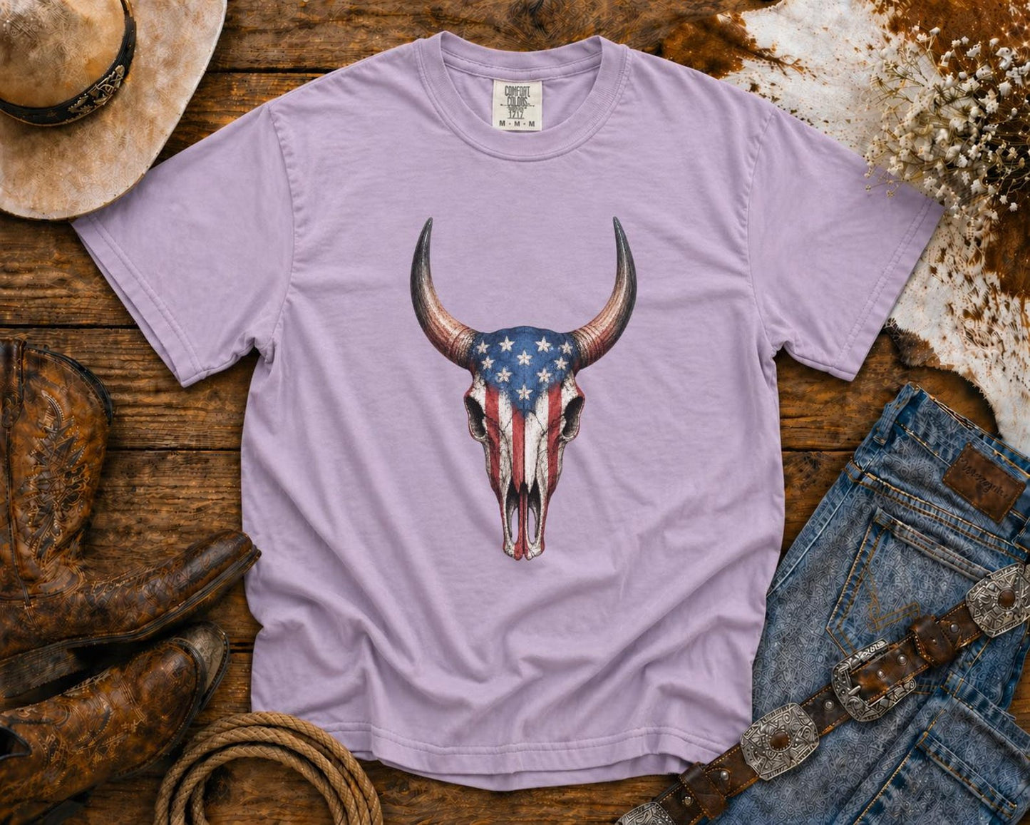 American Flag Bull Skull - Cowgirl TShirt | Western Tee | Comfort Colors Country Tee | Vintage Country Shirt | Rodeo Shirt