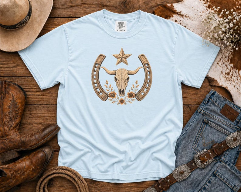 Western Skull & Horseshoe T-Shirt — Cowgirl TShirt | Western Tee | Comfort Colors Country Tee | Vintage Country Shirt | Rodeo Shirt