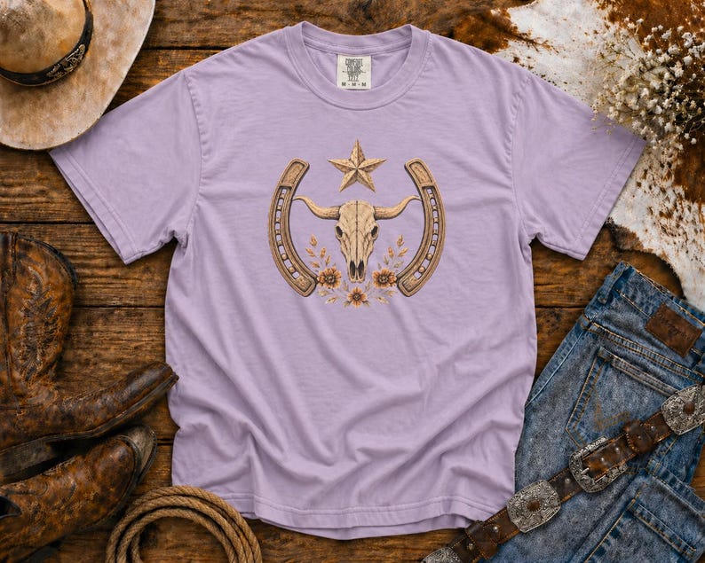 Western Skull & Horseshoe T-Shirt — Cowgirl TShirt | Western Tee | Comfort Colors Country Tee | Vintage Country Shirt | Rodeo Shirt