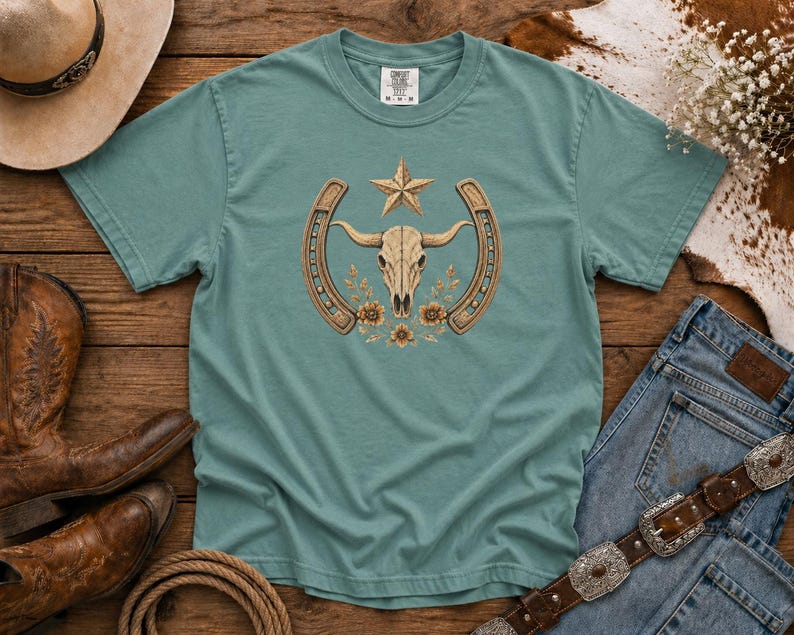 Western Skull & Horseshoe T-Shirt — Cowgirl TShirt | Western Tee | Comfort Colors Country Tee | Vintage Country Shirt | Rodeo Shirt